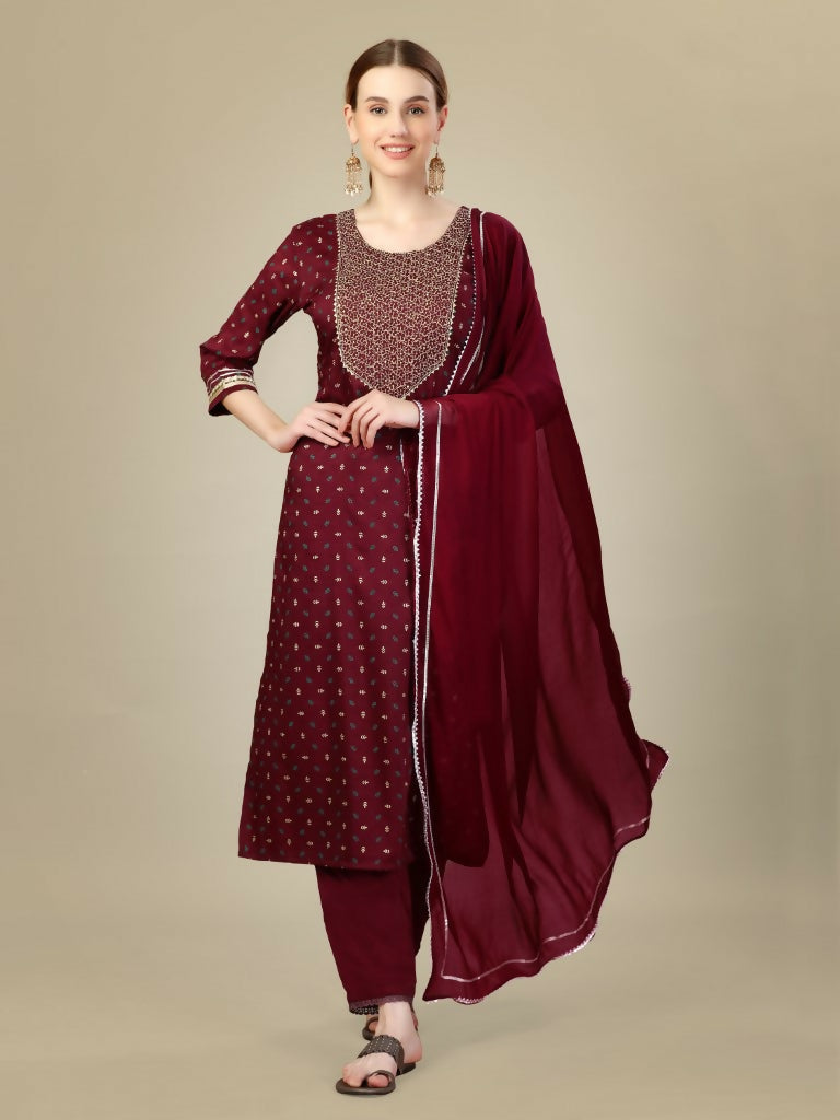 Jyoti Fashion Women's Maroon Silk Blend Embroidery & Sequence work Kurta with Trouser & Dupatta