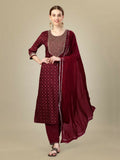 Jyoti Fashion Women's Maroon Silk Blend Embroidery & Sequence work Kurta with Trouser & Dupatta
