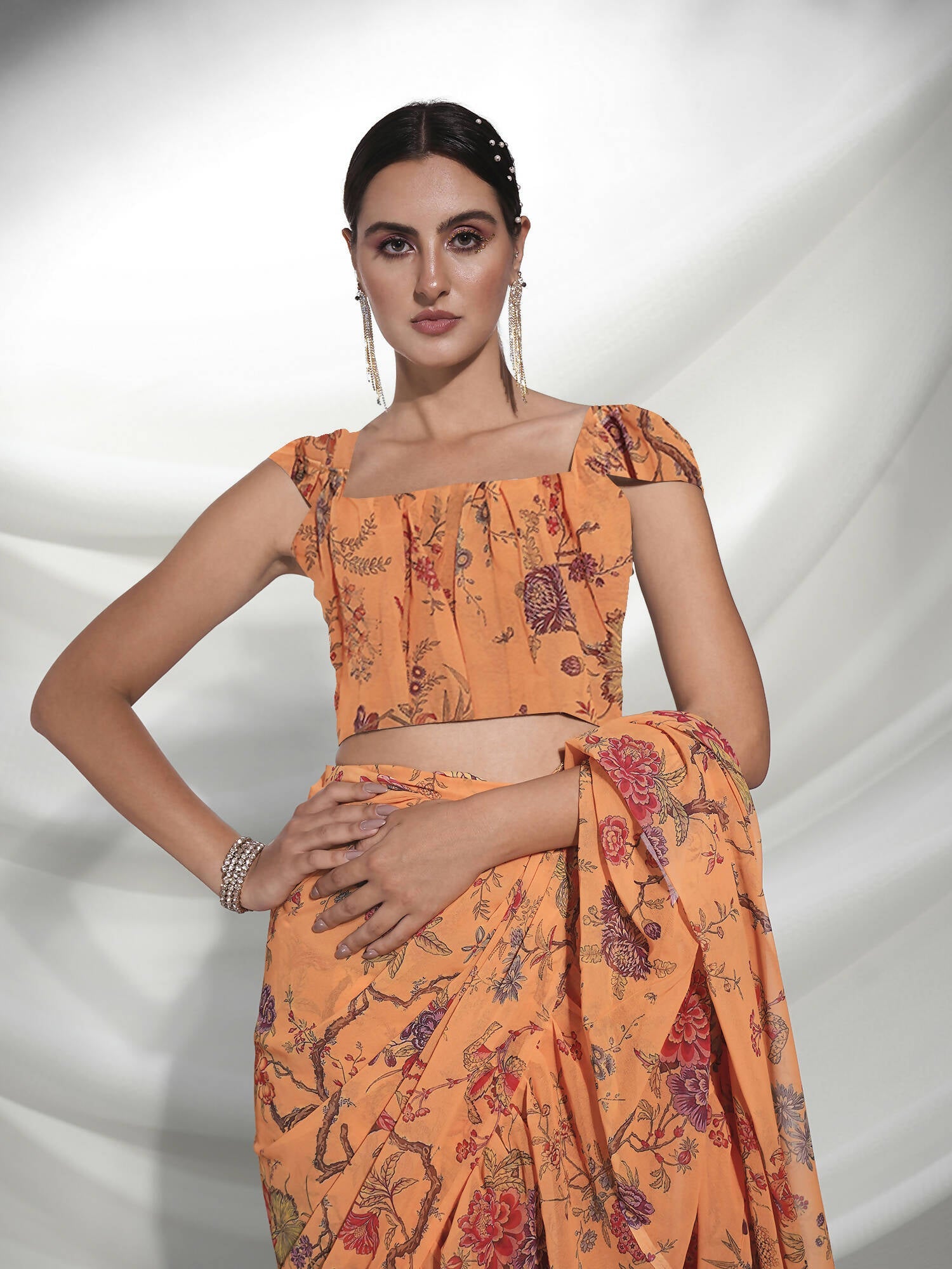 Orange Georgette Floral Printed Saree With Unstitched Blouse Piece - Rajal