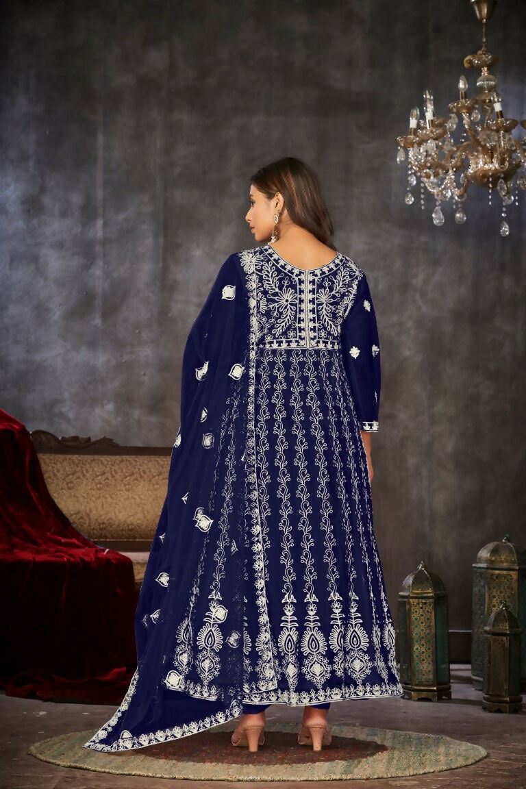 Jyoti Fashion Women's Blue Net Embroidered Anarkali Kurta Pant Set With Dupatta