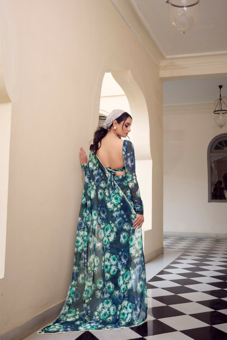 Vastranavya Navy Blue Weightless Marble Printed & Pearl Lace Border Saree with Unstitched Blouse
