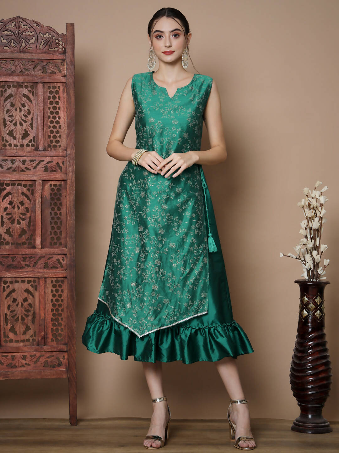 Myshka Women's Teal Floral Printed Gown Dress