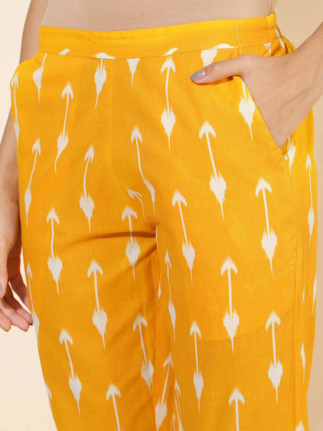 Janasya Women's Yellow Cotton Ikkat Printed Casual Straight Co-ords