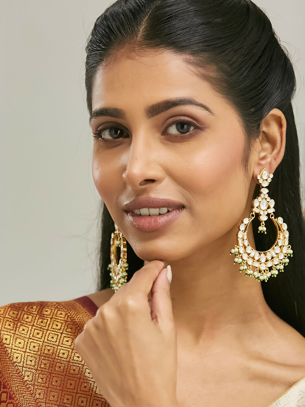 Nuyug 22K Gold-Plated Elegant Kundan Studded & Beaded Floral Chandbali Earrings