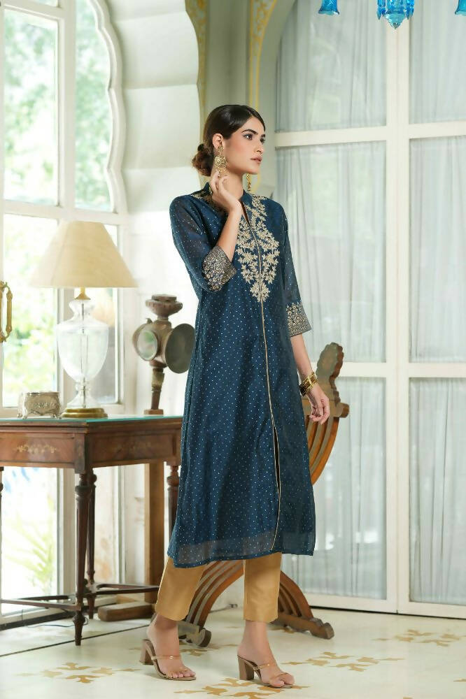 Juniper Blue Chanderi Festive Embroidered Polka Dot Printed A-Line Kurta For Women