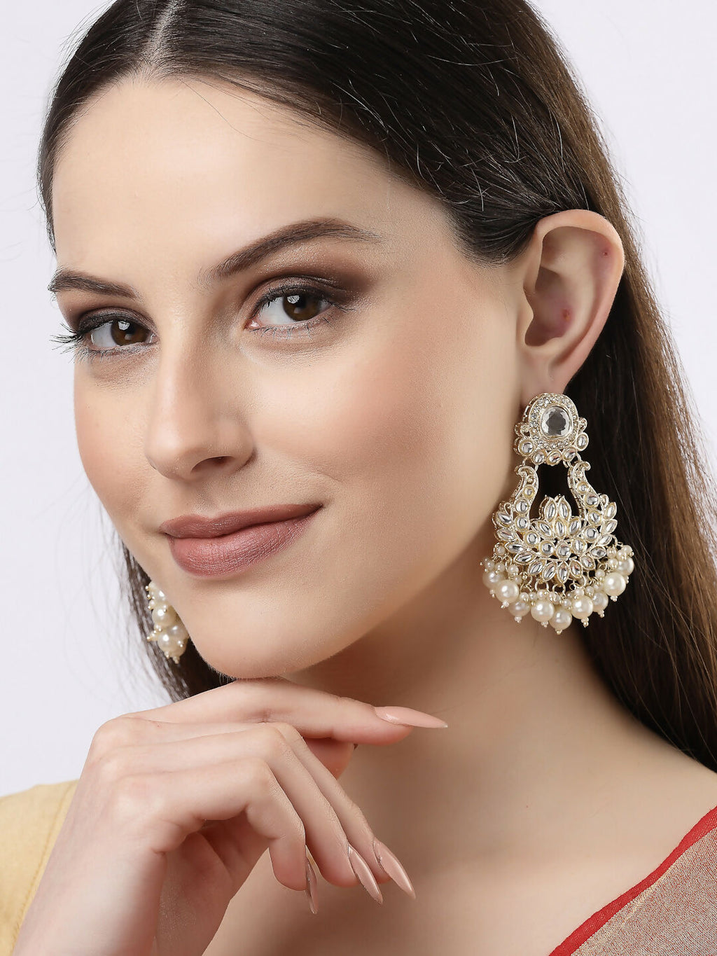 NVR Women Gold-Polished Kundan Chandbali Earrings