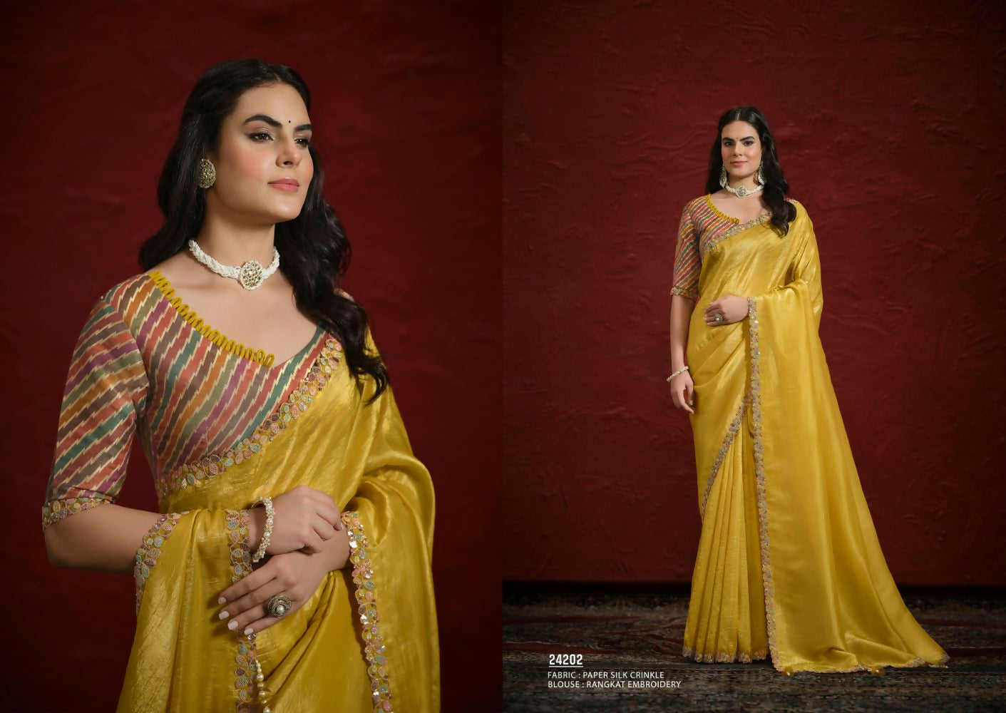 Mustard Crush Paper Silk Sequence with Handwork Saree with Stitched Blouse - Mohmanthan Aaina
