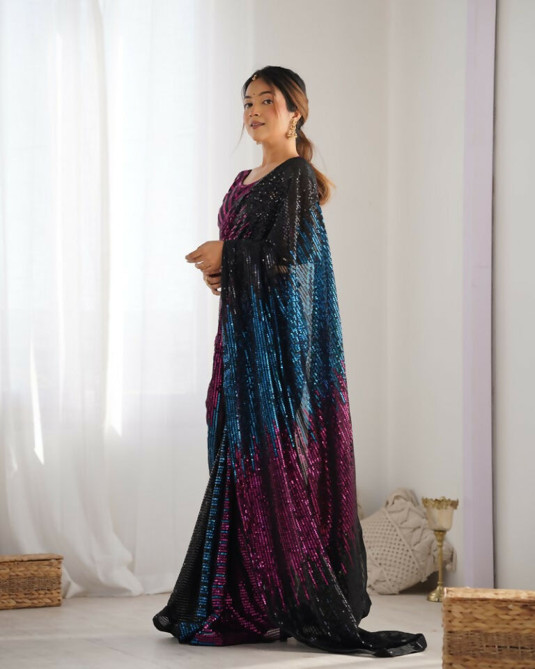 Black Georgette Designer Sequence Embroidery Work Saree - Radhe