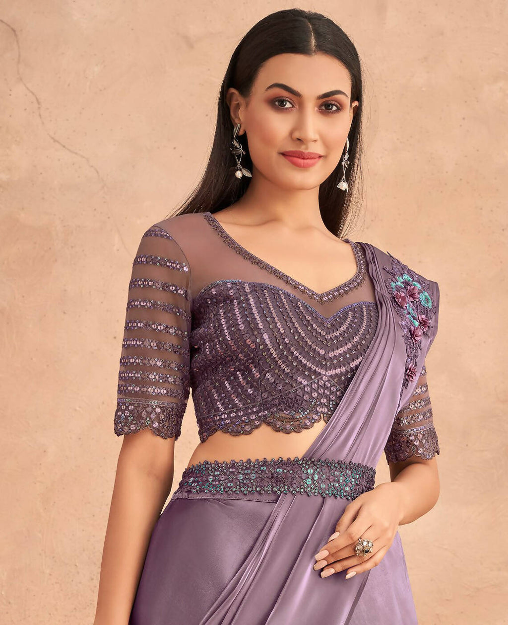 Purple Satin Embroidered Ready To Wear Saree With Unstitched Blouse Piece - Nandika