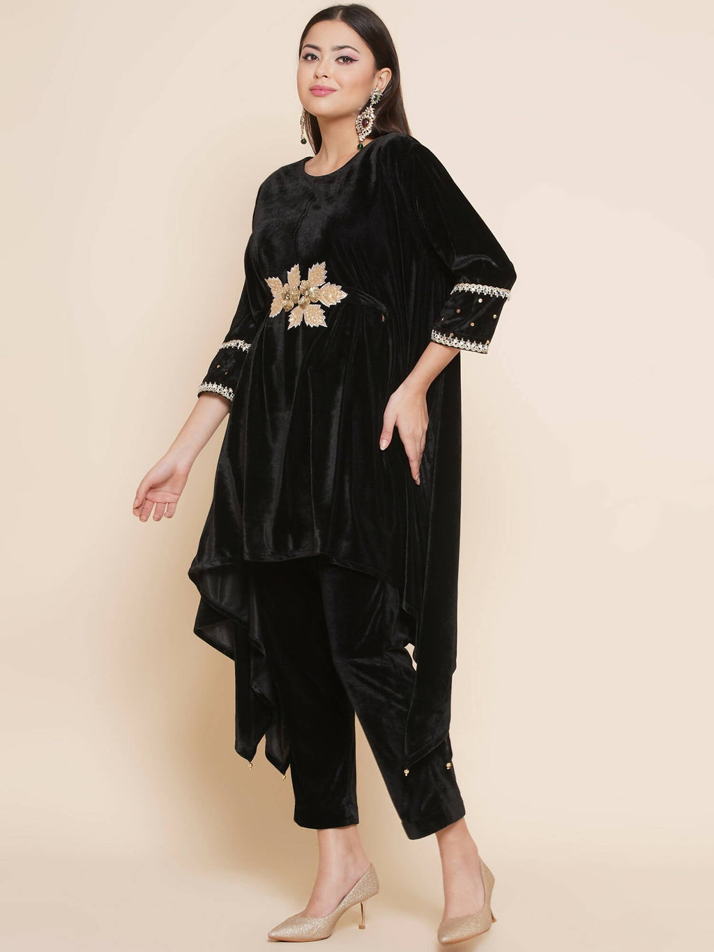 Women Republic Black Velvet Kaftaan Style Kurta With Pants