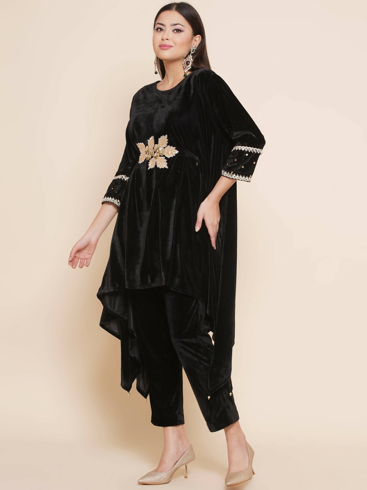 Women Republic Black Velvet Kaftaan Style Kurta With Pants