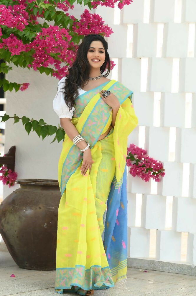 Beatitude Yellow Slub Cotton Floral Jamdani Saree