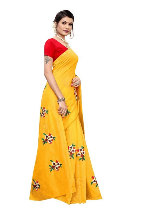 Vamika Chanderi Cotton Embroidery Yellow Saree (Mogra Yellow)