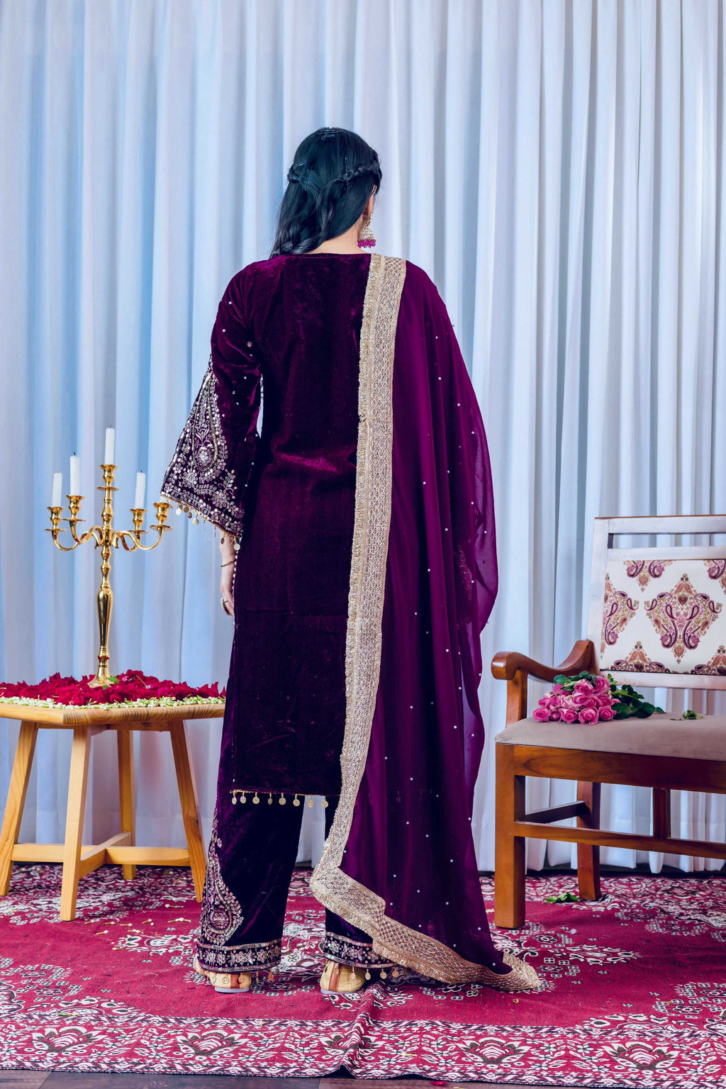Joban Fashion deep Plum Velvet Embroidery Kurta Set
