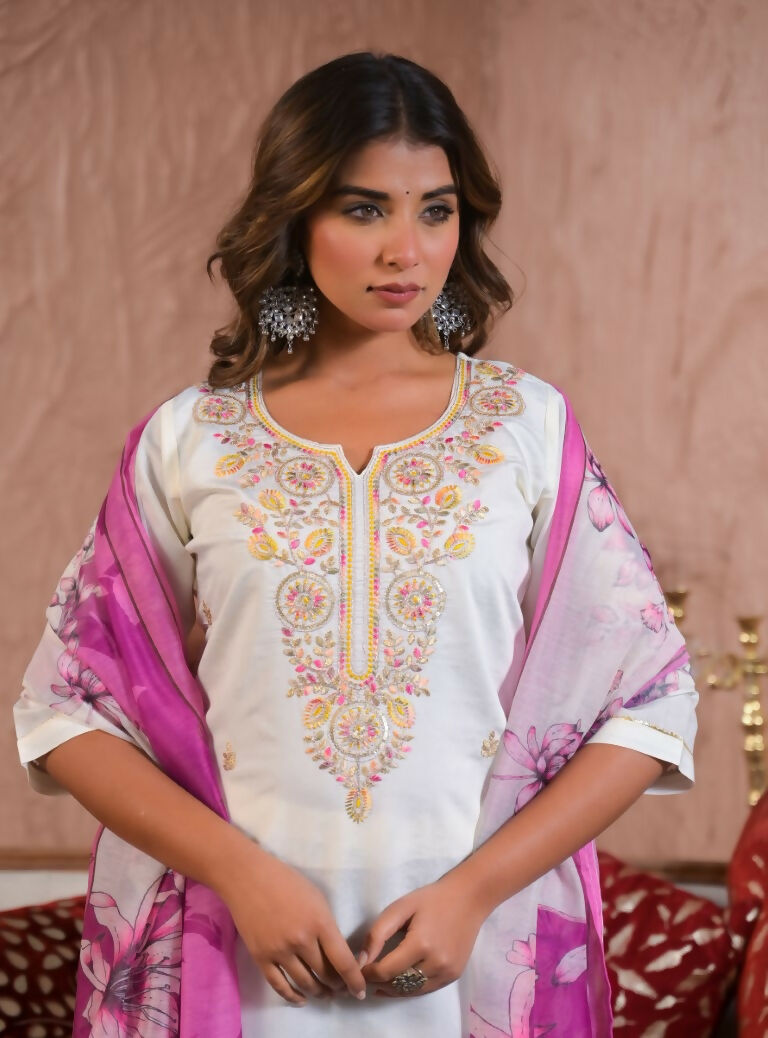 Ethnic Festive Wear Viscose Chanderi White Stitched Suit With Dupatta - Tanisha