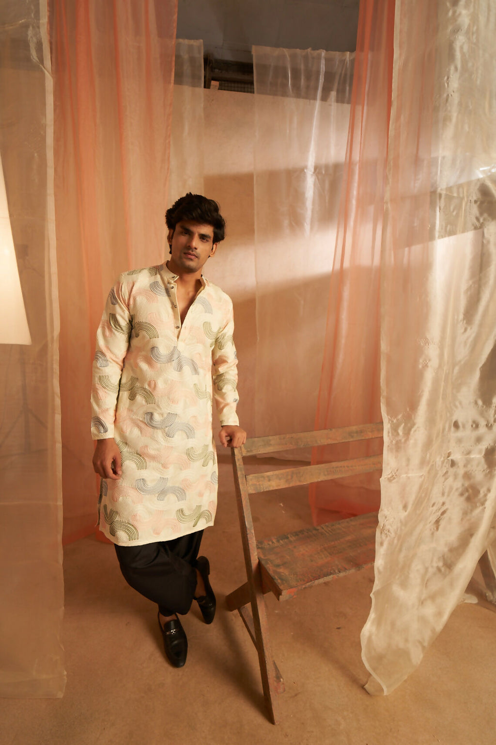 Cream Linen Designer Embroidery Work Men's Kurta Set - Mahotsav
