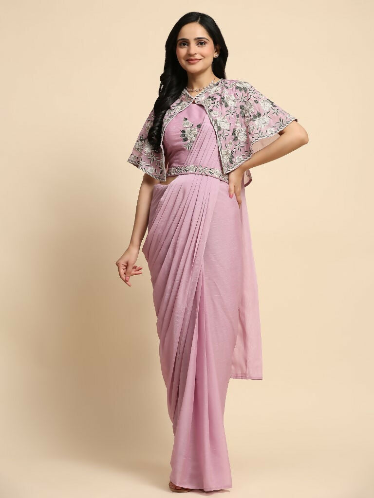 Pink Chiffon Solid Ready to wear Saree with stitched Blouse - Aayan