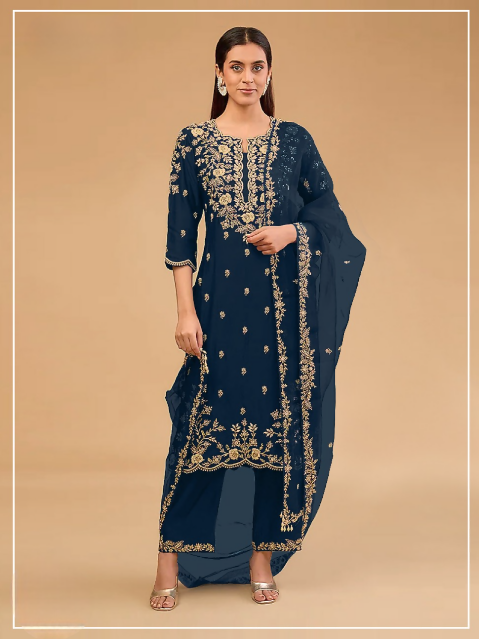 Anaita Navy Vichitra Suit with Embroidered & Multi Thread Zari Work