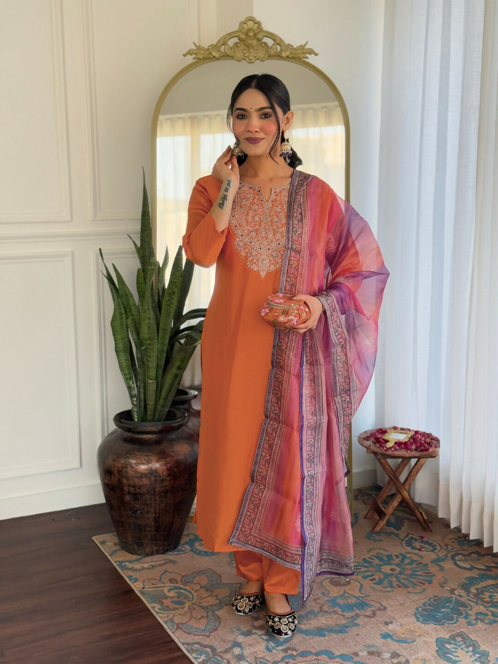 The52 Orange Women's Gorgeous Embroidered Rayon Fabric with Straight Kurta, Pant and Dupatta Set