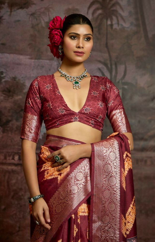 Joban Fashion Maroon Dola Tussar Silk Self Jacquard Border Saree