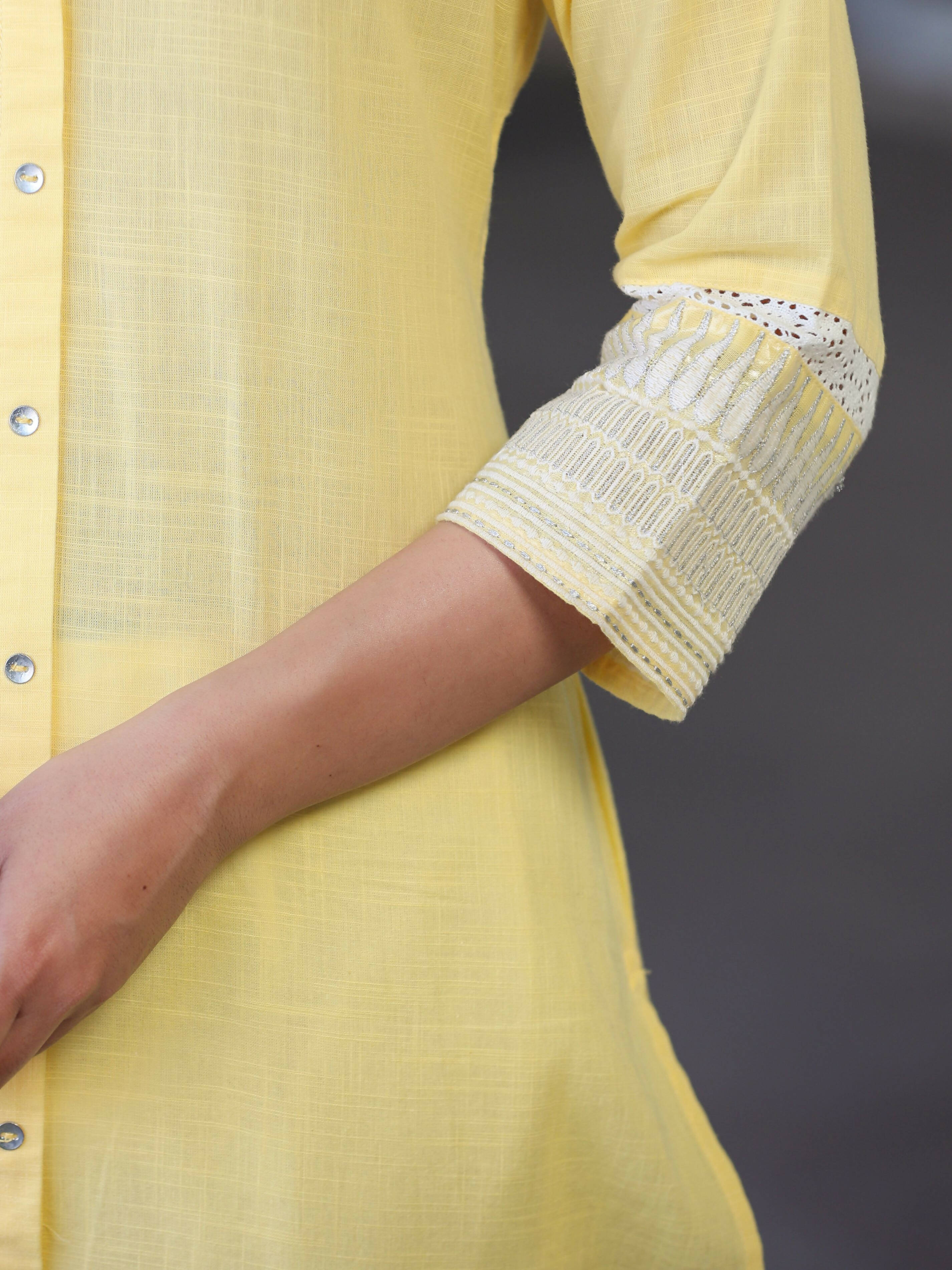 Juniper Women's Yellow Cotton Slub Embroidered Straight Kurta