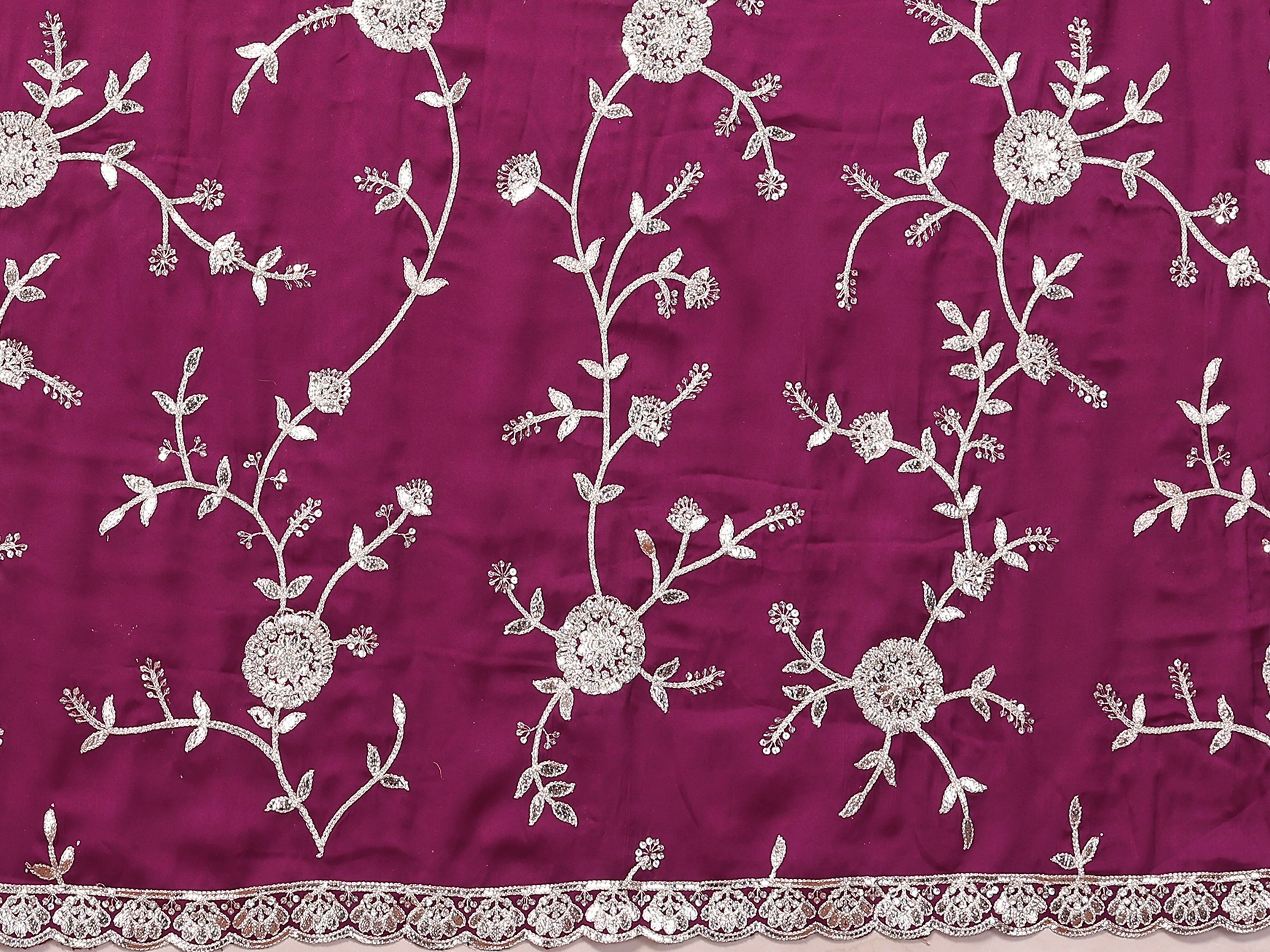 Purple Pure Satin Embroidered Saree With Stitched Blouse - Nimaya Kaksha