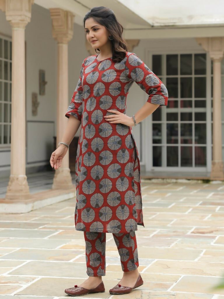 Aramya Straight Soft Cotton Abstract Print Women's Kurta - Red