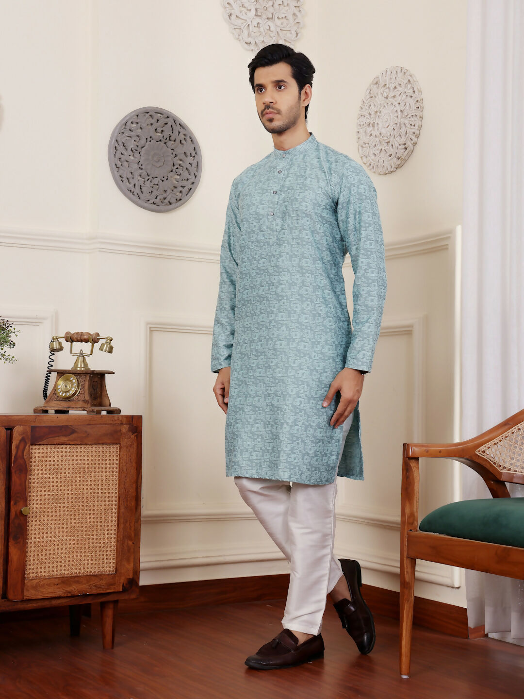 Blue Viscose Woven Jacquard Work Men's Rajwadi Kurta Set - Mahotsav