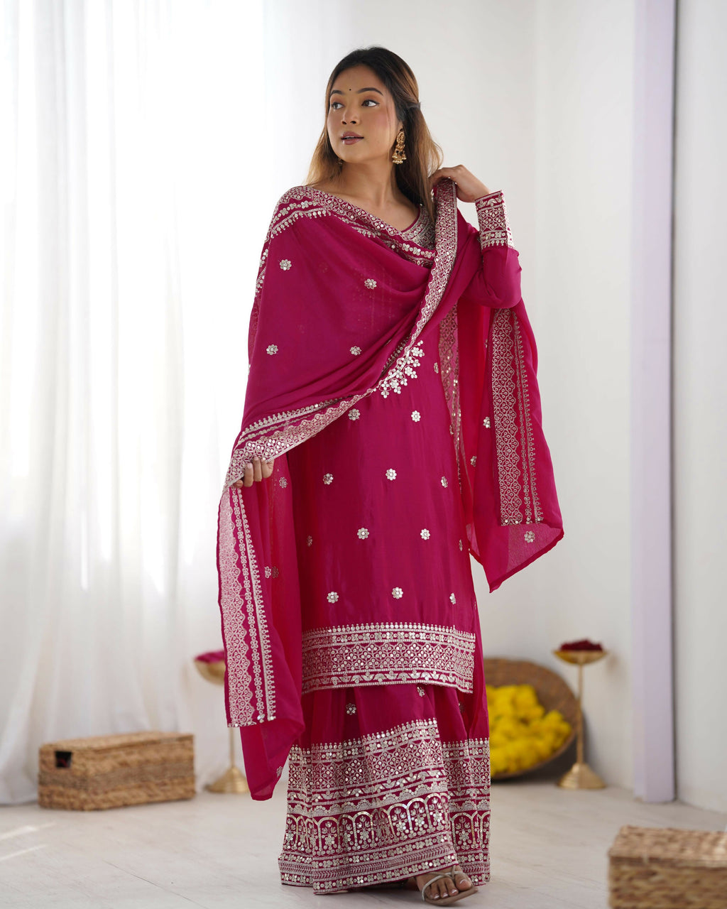 Teeya Creation Pink Color Chinon Silk Heavy Embroidery Work Fully Stitched Salwar Suit