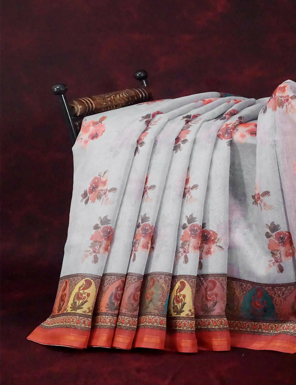 Mix of Grey and Orange Floral Print Semi Chanderi Saree By Gayathri Reddy Designer Studio