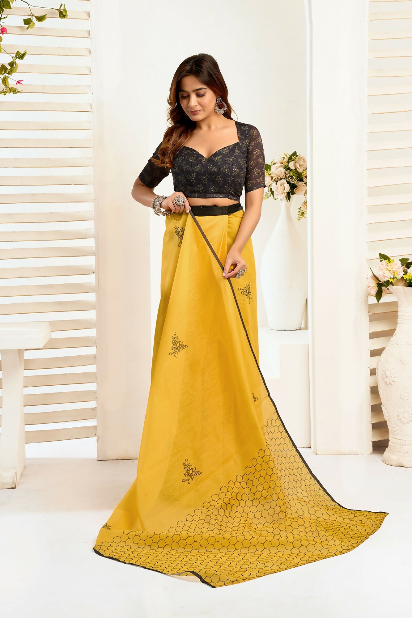 Vastranavya Mustard Digital Printed Linen Ready To Wear Designer Saree with Unstitched Blouse
