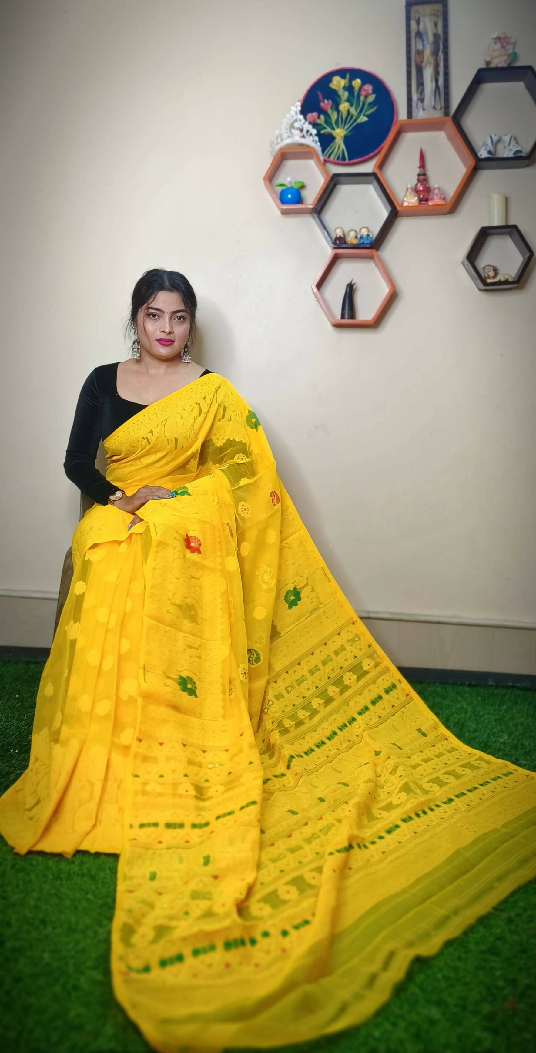 Exclusive Collection Handloom Dhakai Jamdani Saree - Pure Yellow