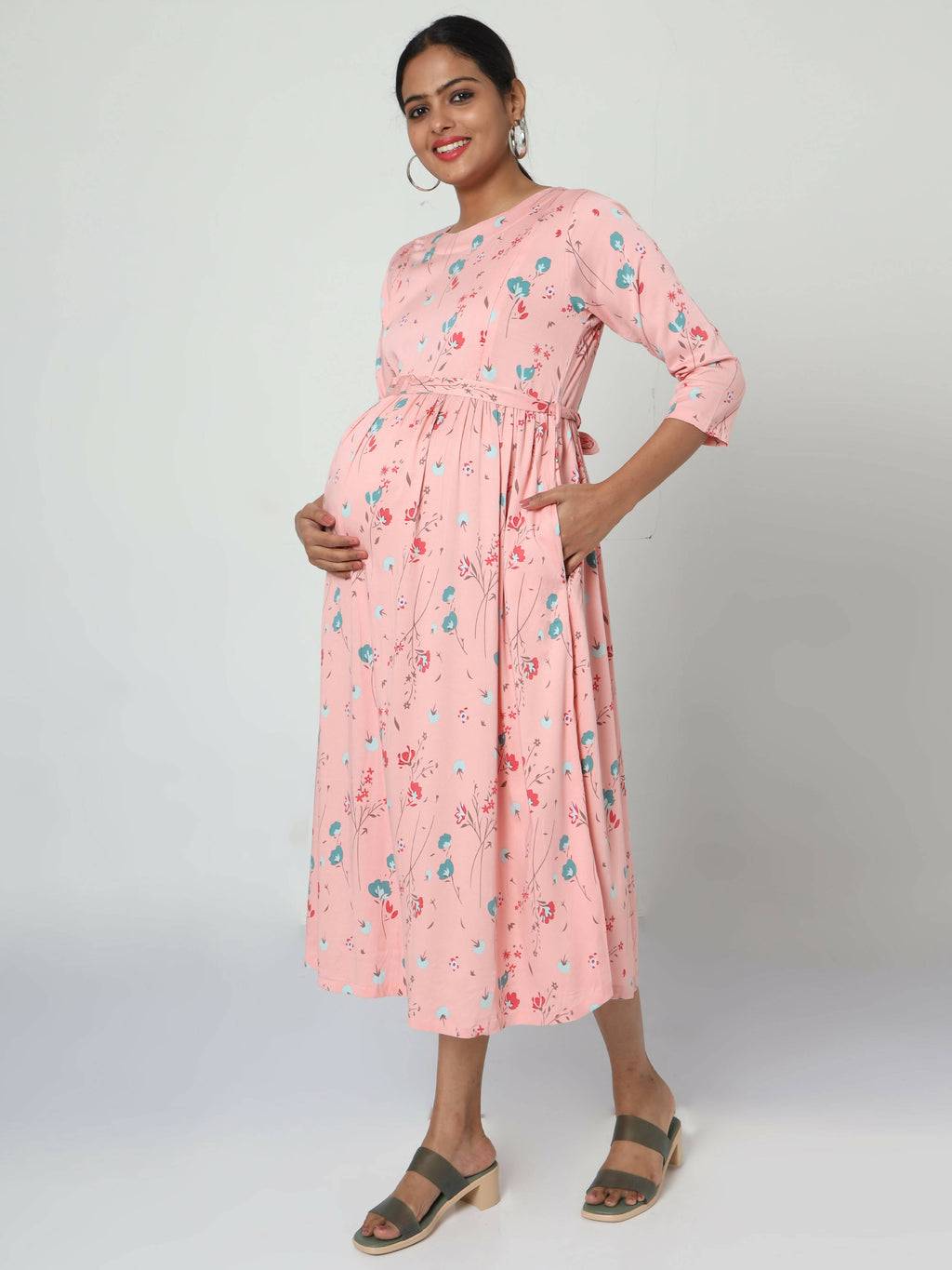 Manet Three Fourth Maternity Dress Floral Print With Concealed Zipper Nursing Access - Peach