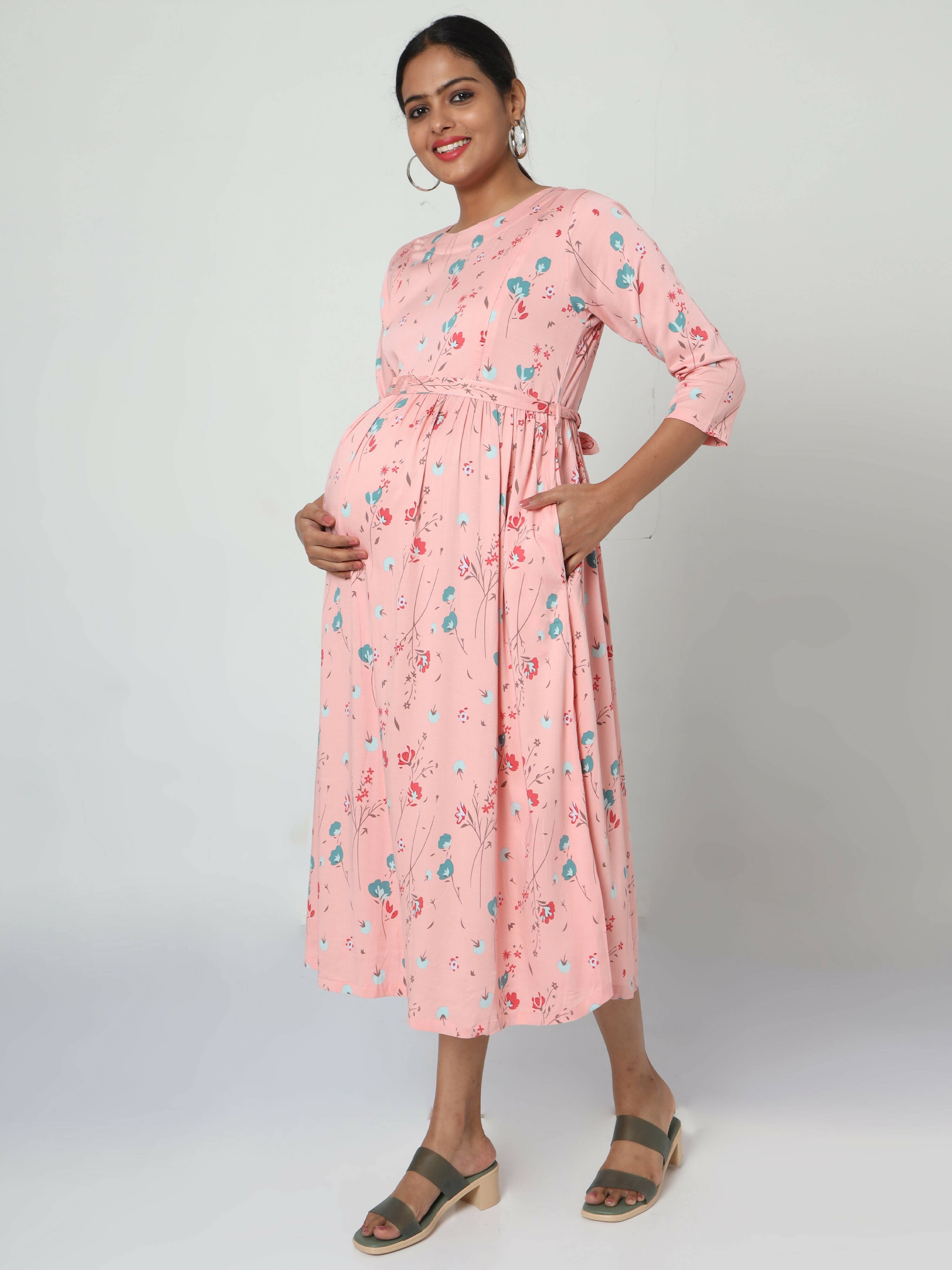 Manet Three Fourth Maternity Dress Floral Print With Concealed Zipper Nursing Access - Peach