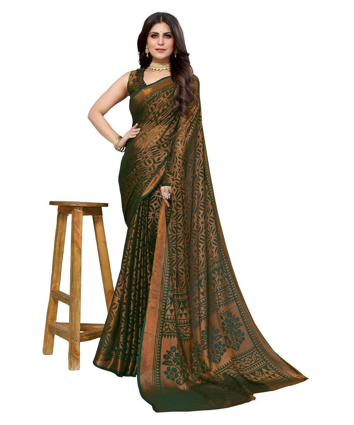 Vamika Green Chiffon Brasso Bollywood Style Woven Saree (BARKHA GREEN)