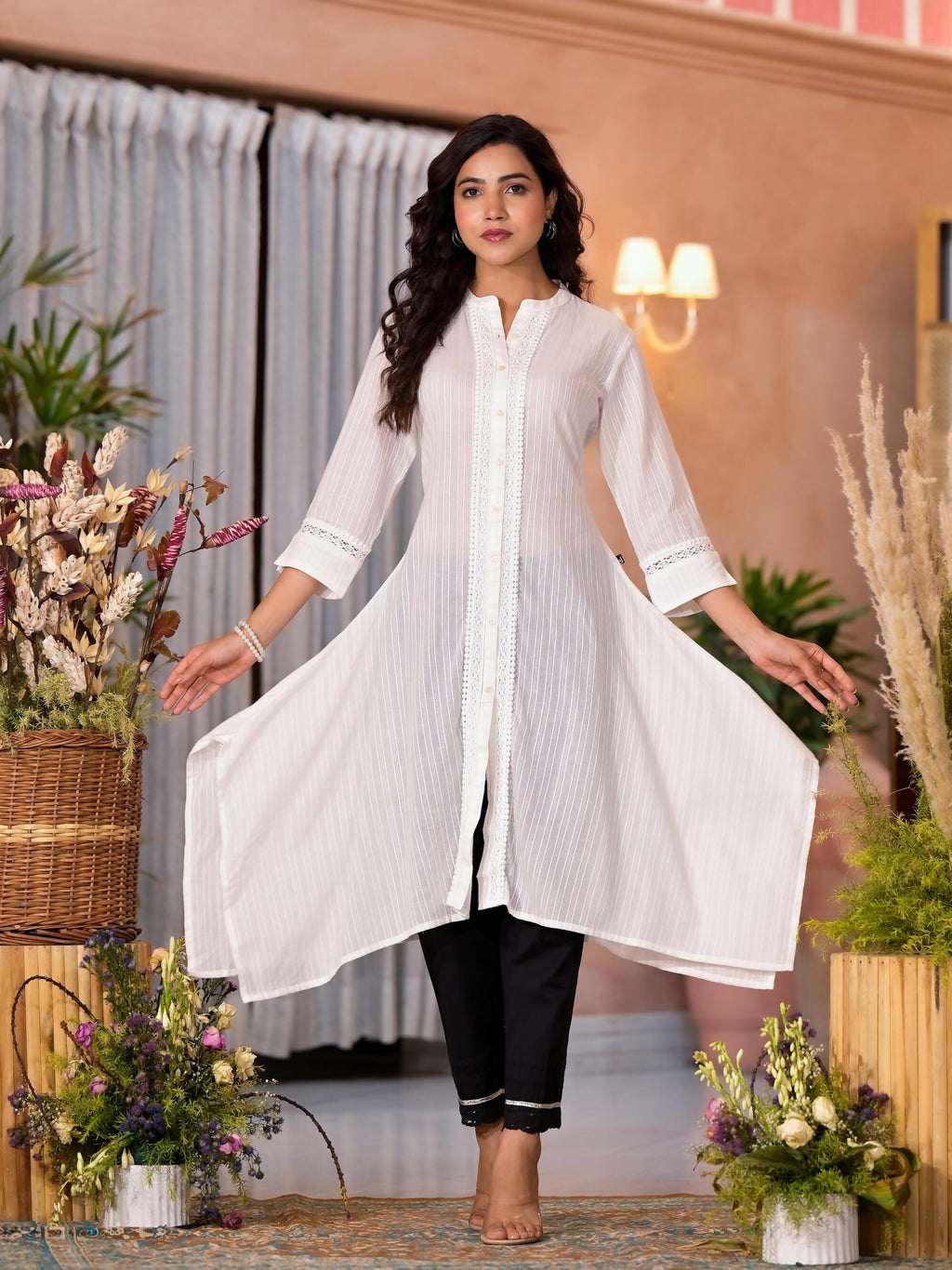 Juniper Women's Off White Thread Embroidered Cotton Asymmetrical Kurta With Button Closure