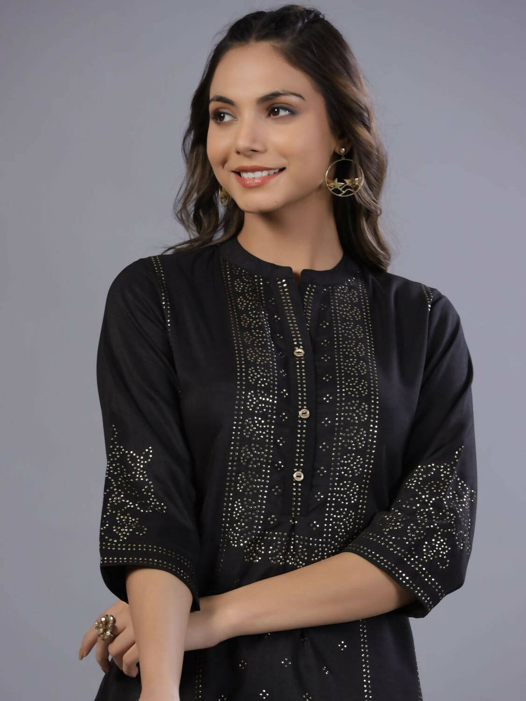 Juniper Women Black Chinon Silk Mukesh Work Straight Tunic