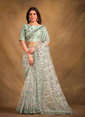 Sea Green Velvet Texture Net Designer Saree with Unstitched Blouse - Norita Mahitha