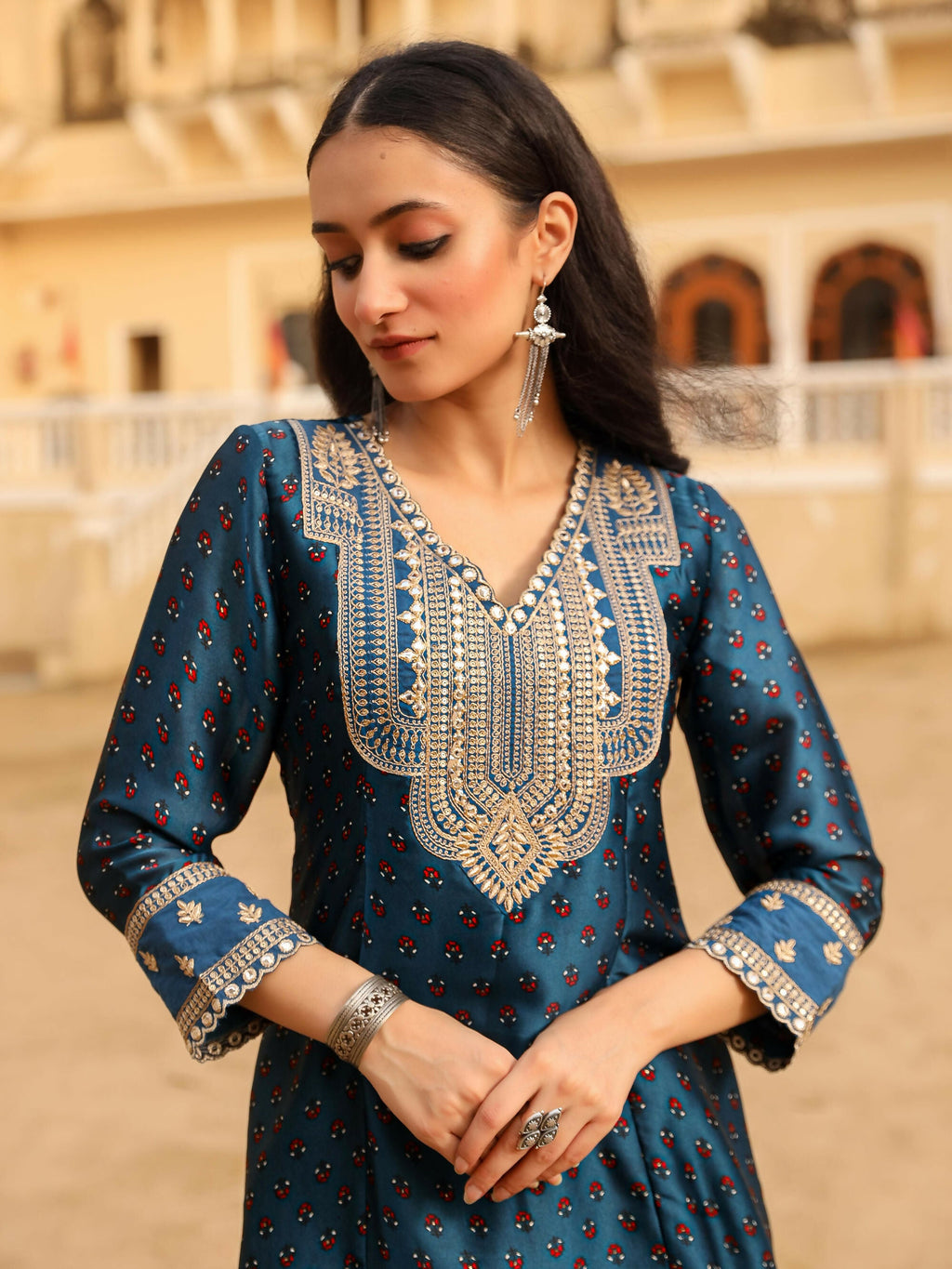 Juniper Women's The Swarn Blue Ethnic Motif Printed Satin Kurta Pant And Dupatta With Zari & Mirror Work