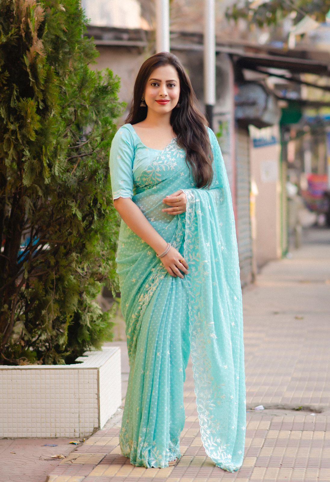 Sky Pure Chiffon Woven Design Saree with Unstitched Blouse - A2M