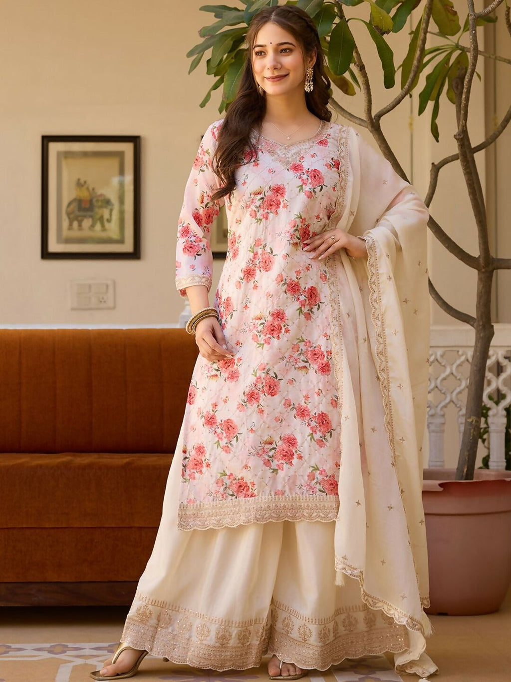 The52 White Women's Gorgeous Embroidered Chinon Fabric Straight Kurta Palazzo and Dupatta Set