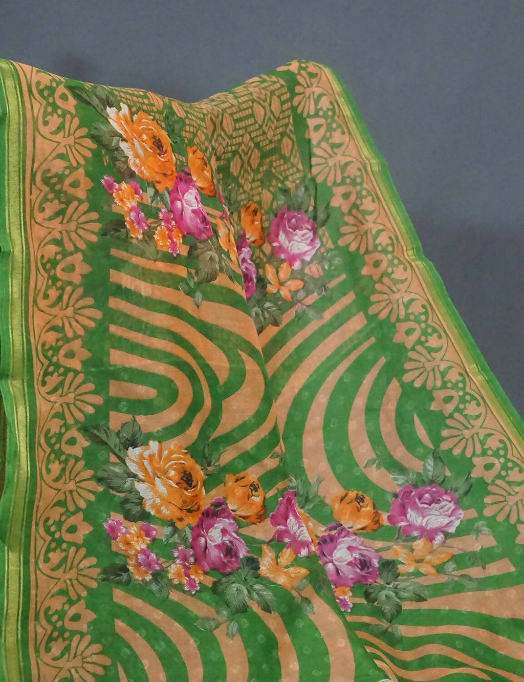 Shades Of Parrot Green Floral Design Semi Chanderi Saree By Gayathri Reddy Designer Studio