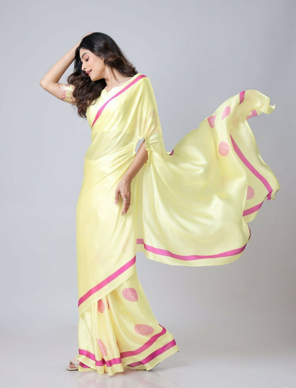 Vastranavya Yellow Mandala Print Free Hand Ready to Wear Saree