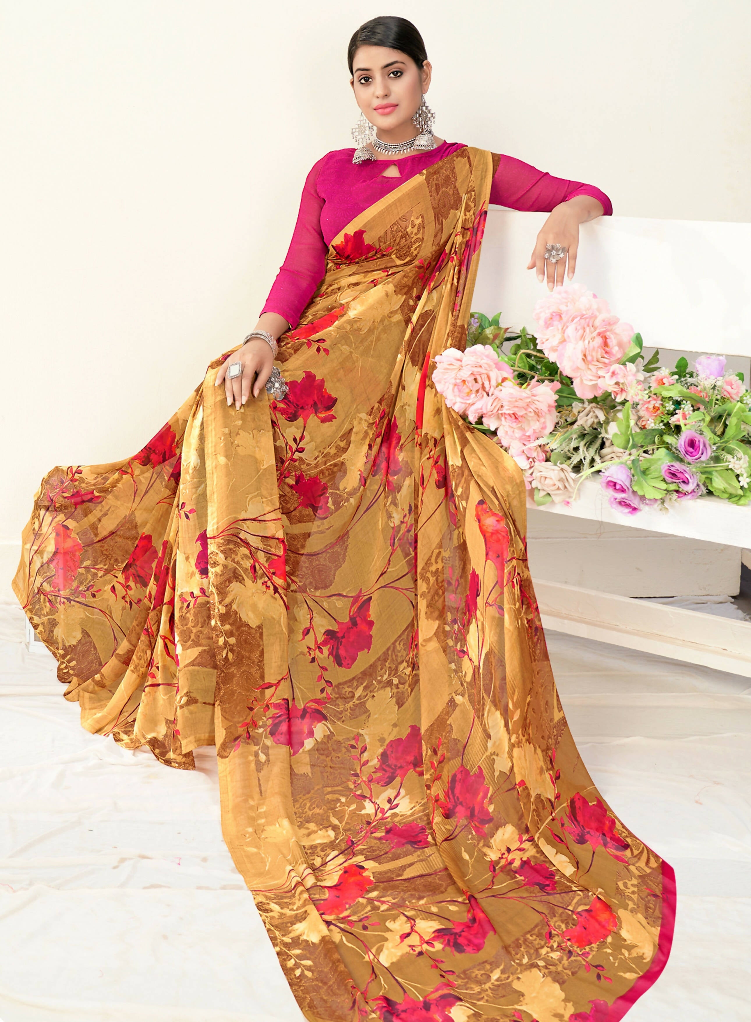 Brown Georgette Floral Printed Saree With Unstitched Blouse Piece - Jyoti
