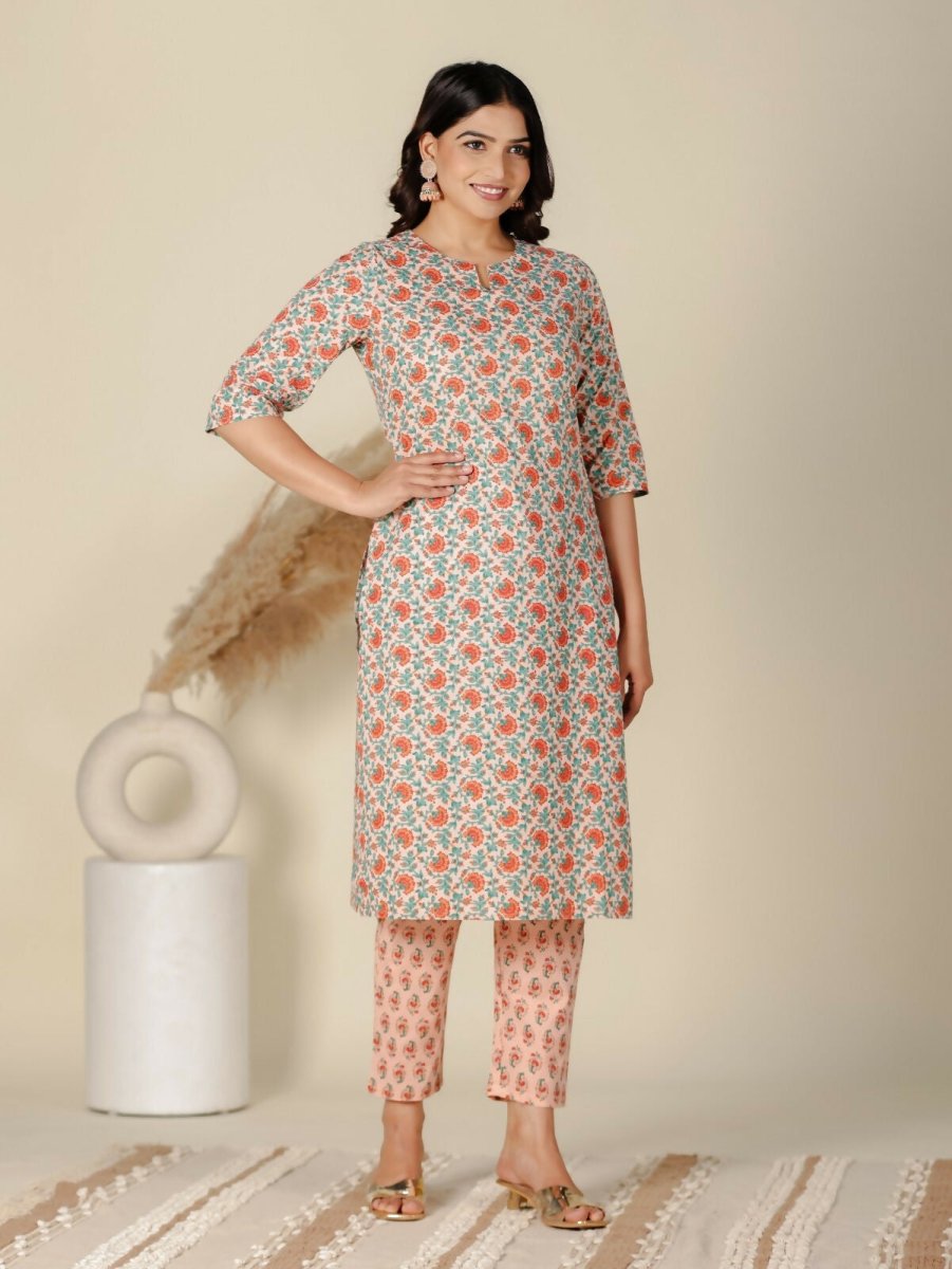 Aramya Orange Soft Cotton Floral Print Straight Kurta Set for Women