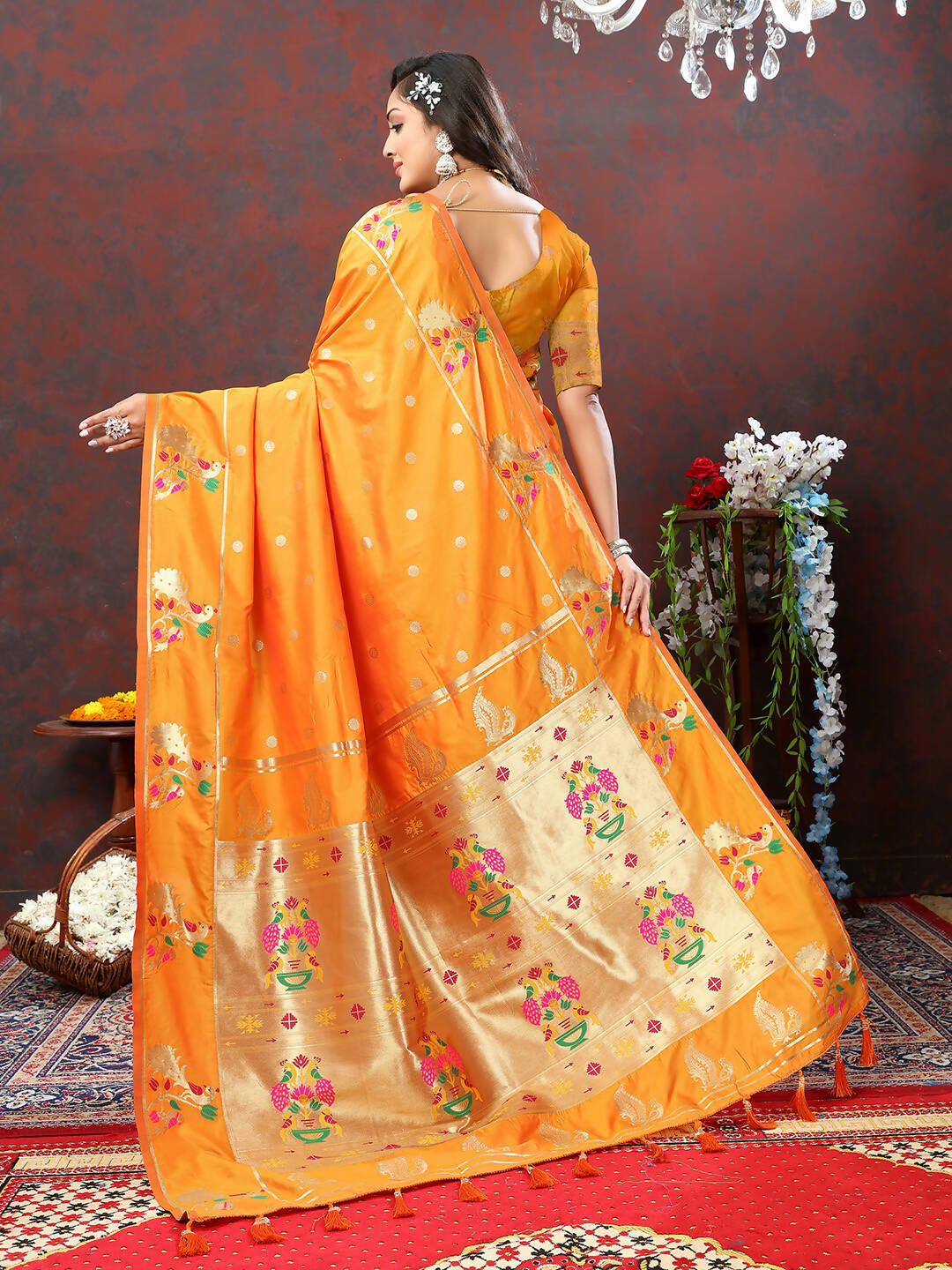 Lorenvalley Fashion Orange Soft Paithani Silk Woven Design Gold Zari Meenakari Weaving Saree