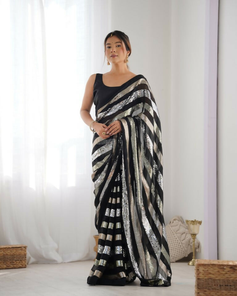 Black Georgette Sequance Embroidery Work Border Saree - Sitare