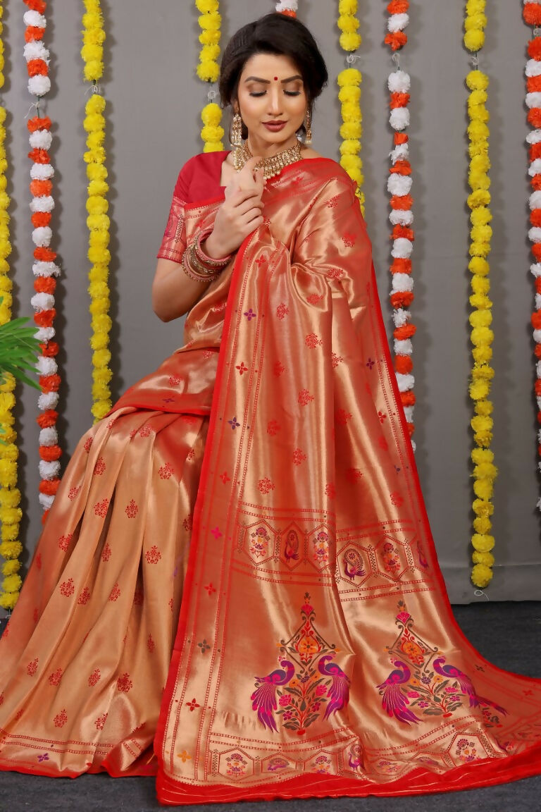 Jyoti Fashion Women's Red Paithani Silk Zari Woven Saree with Blouse