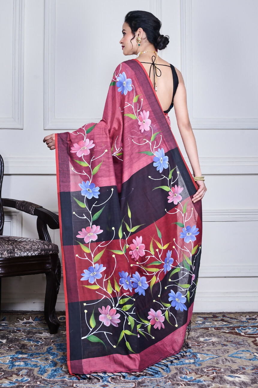 Morchari Multicolour Cotton Handloom Mirror Work Saree Unstitched Blouse
