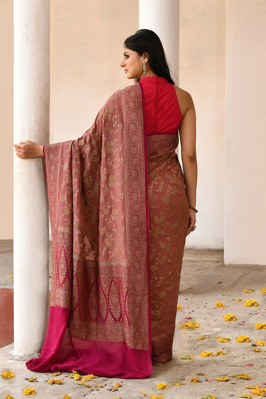 Joban Fashion Rouge Pink Crepe Chiffon Pure Handloom Banarasi Silk Saree